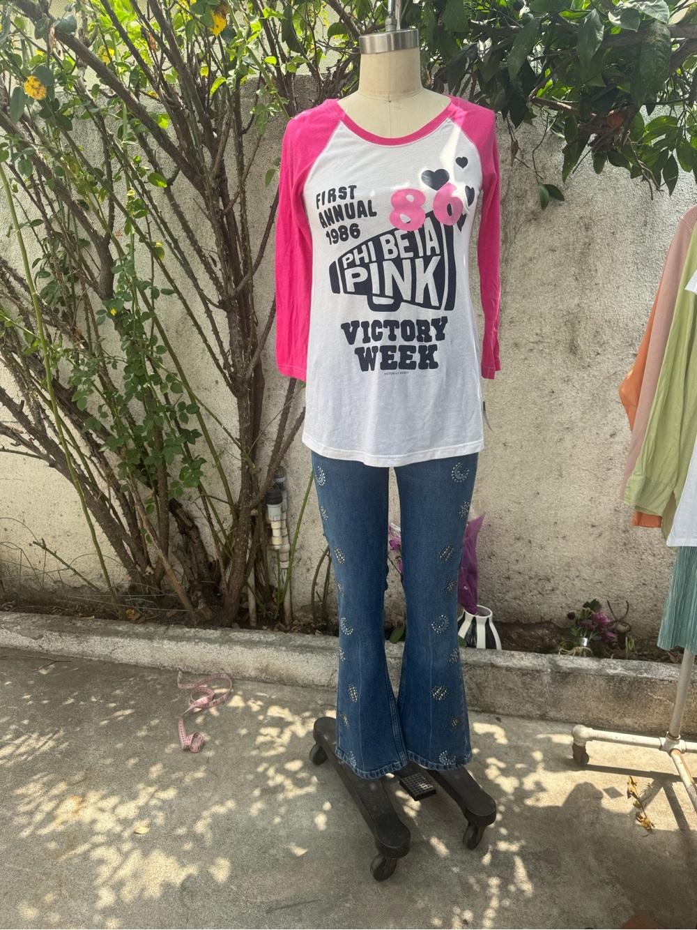 PINK Victoria's Secret Hot Pink & White Raglan Graphic TeeY2k